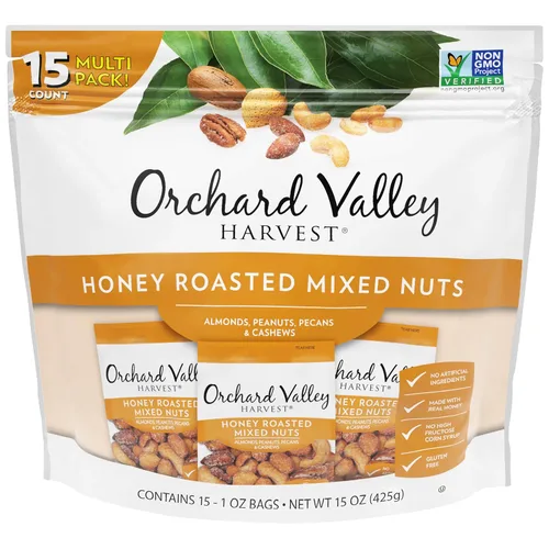 Orchard Valley Harvest Nueces mixtas asadas con miel, bolsas de 1 onza (paquete de 15), almendras, cacahuetes, nueces y anacardos, sin gluten, sin