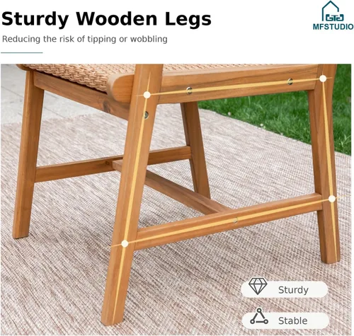 Vista 5 de MFSTUDIO Juego de 2 sillas de comedor de madera de acacia para exteriores, con asiento de ratán tejido hecho a mano y respaldo de ratán para jardín