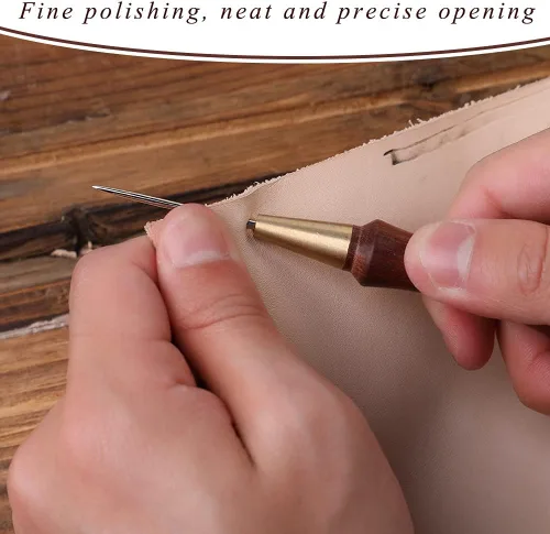 Vista 4 de DIUDUS Punzón de cuero para rascar con mango de madera, herramienta de punzón de rascar con mango de madera, punzón de costura de cuero