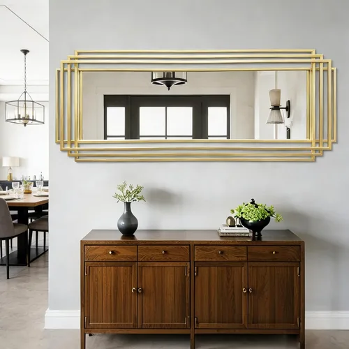 Vista 12 de Espejo rectangular de tocador, espejo geométrico Art Deco de 24 x 18 pulgadas con marco de metal, modernos y elegantes espejos de pared para sala