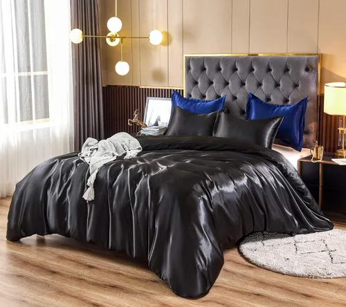 Vista 13 de HOdo Home Funda de edredón de satén, tamaño Queen, 3 piezas, funda de edredón similar a la seda, ultra suave y transpirable, juego de ropa de cama