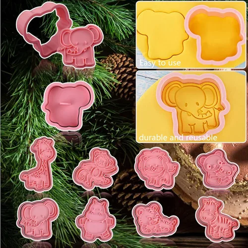 Vista 4 de Juego de 8 cortadores de galletas de animales con émbolo, 8 piezas de cortadores de estampado de animales 3D para moldes de galletas y queso