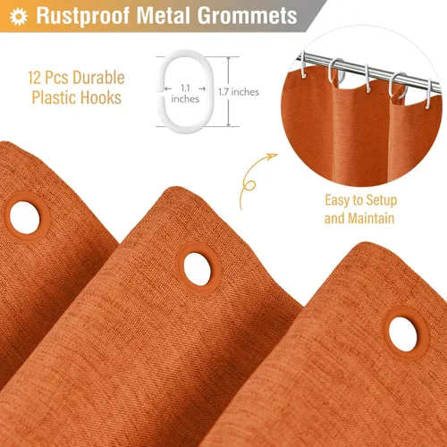 Vista 4 de BTTN - Cortina de ducha naranja, juego de cortinas de tela texturizada de lino resistente impermeable con 12 ganchos de plástico, cortinas de ducha
