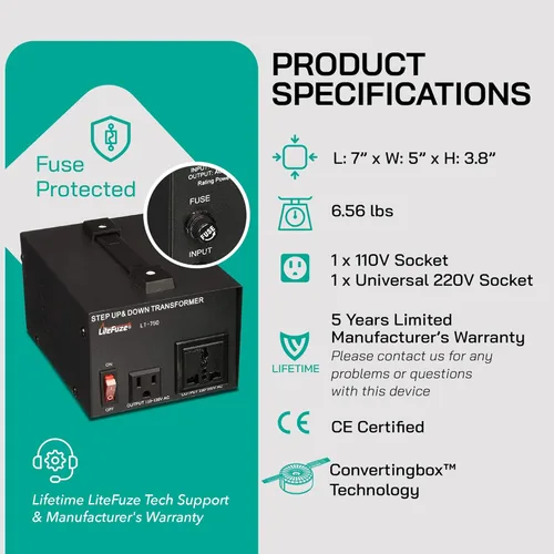 Vista 9 de LiteFuze Transformador de voltaje de la serie LT de 750 W, elevador hacia arribaabajo, convertidor de potencia de 110 V a 220 V220 V a 110 V, cable