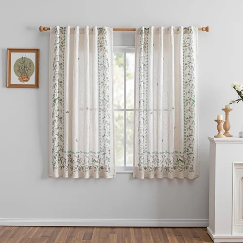 Vista 24 de MYSKY HOME Cortinas de cocina florales de lino de 36 pulgadas de largo, juego de 2 paneles sobre el fregadero, cortinas de media ventana