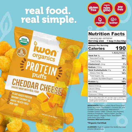 Vista 16 de IWON Organics - Bocadillo de proteína con sabor a cebolla caramelizada, alto en proteínas y bocadillos orgánicos saludables, 8 bolsas