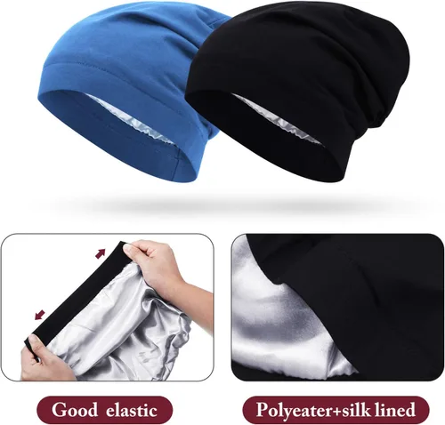 Vista 25 de 4 Pieces Satin Lined Beanie Cap Satin Sleep Lined Hat Slouchy Beanie Hat Night Silk Hair Cap for Women Men