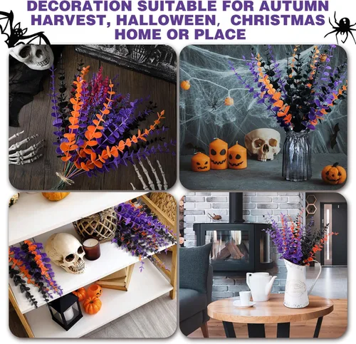 Vista 6 de 24 piezas de eucalipto de Halloween, tallos artificiales, ramas de eucalipto, plantas de hojas falsas para bodas, flores, hogar, granja, decoración