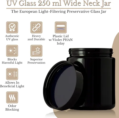 Vista 5 de Tarro de vidrio ultravioleta negro con tapa Recipiente hermético a prueba de olores de 8.5 fl oz de 8 onzas Almacenamiento de hierbas de cuello