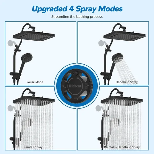 Vista 4 de Hibbent cUPC Certificado Combo de Cabezal de Ducha de 13'', Cabezal de Ducha de Lluvia de Alta Presión con 5 Modos de Rociado, Ducha de Mano con 10