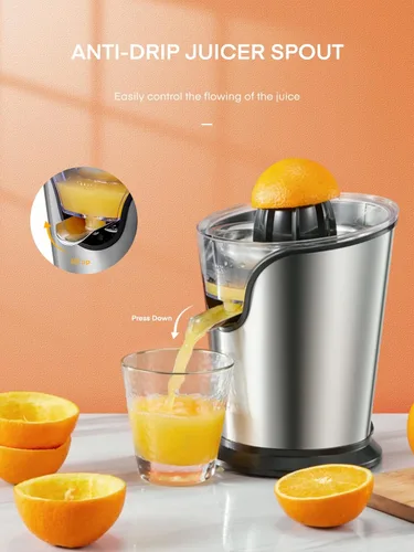 Vista 6 de FOHERE Exprimidor de Jugo de Naranja Exprimidor Eléctrico de Cítricos con Dos Conos Intercambiables Adecuado para Naranja, Limón y Pomelo, Acero
