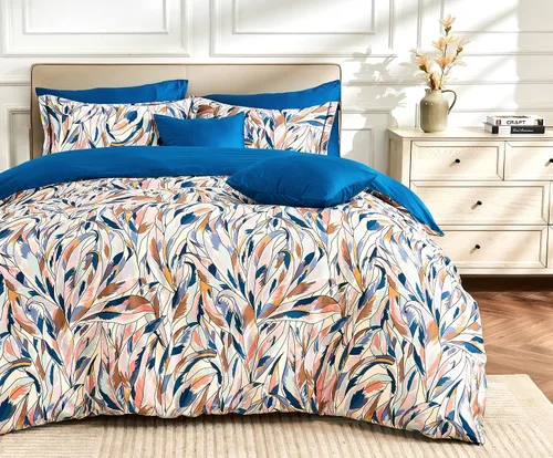 Vista 10 de SLEEPBELLA - Funda de edredón tamaño individual, 600 hilos de algodón, beige y gris azulado, con patrón de hojas lujoso impreso, funda de edredón