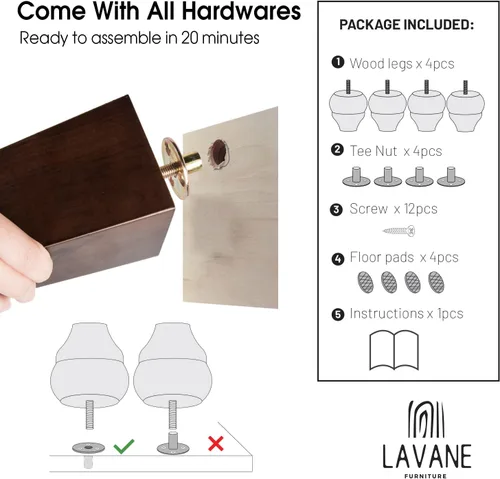 Vista 5 de La Vane Patas de madera para muebles de 3.5 pulgadas / 3.5 in, 4 piezas de repuesto de husillo de madera maciza negra con perno M8 preperforado