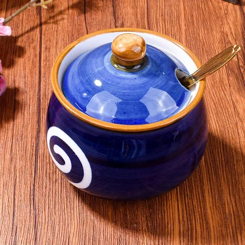 Vista 6 de Tarro de azúcar de cerámica azul con tapa y cuchara dorada, recipiente hermético de almacenamiento de cocina de 10.8 onzas para café, té, especias