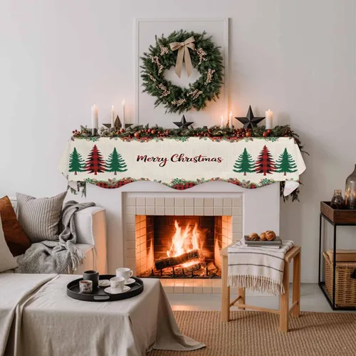 Vista 3 de Bufanda para chimenea con árbol de Navidad, 90 x 17 pulgadas, guirnalda de Navidad a cuadros rojos, cubierta de mantel de lino vintage, protector