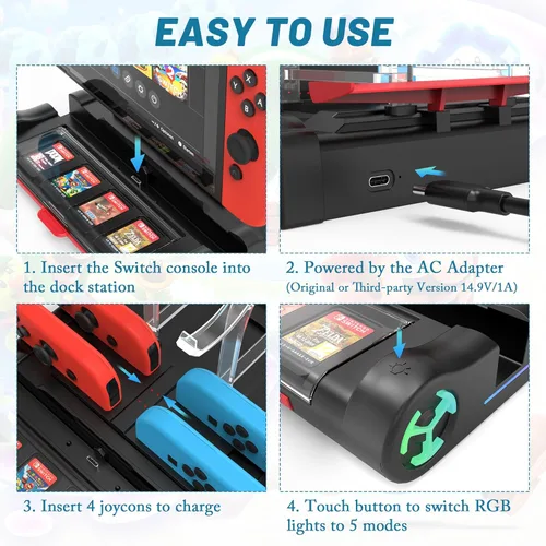 Vista 6 de Qoroos Estación de carga para Nintendo SwitchOLED Estación de carga Joy Con Base de carga Soporte Nintendo Switch Dock con 8 ranuras para tarjetas