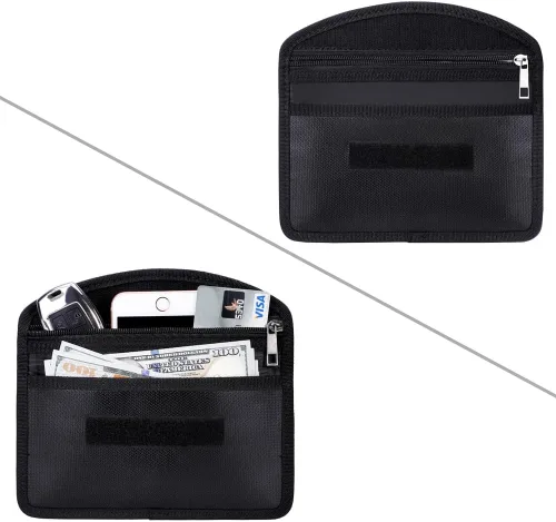 Vista 8 de Bolsa Faraday ignífuga con cremallera, antirastreo, GPS, RFID, bloqueador de señal de coche, cartera, funda protectora para privacidad del teléfono