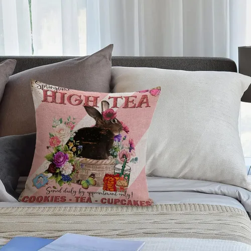 Vista 4 de Fundas de almohada vintage de conejo de Pascua, flores de primavera, huevos de Pascua, Navidad, 16 x 16 pulgadas, funda de almohada de lino