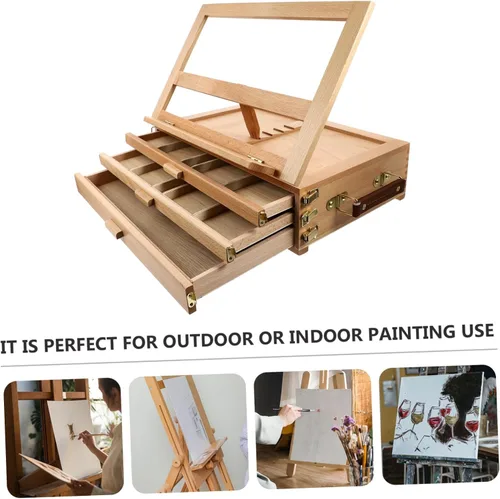 Vista 6 de TEHAUX Caballete de madera para niños, soporte de dibujo, soporte de almacenamiento, caballete de postal de madera, caballetes de mesa para pintar