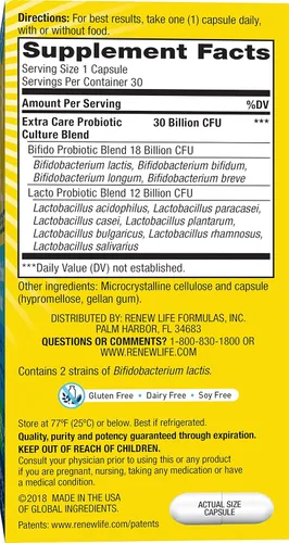 Vista 2 de Renew Life Probiótico para adultos – Ultimate Flora Probiotic Extra Care, Suplemento probiótico estable – 30 mil millones – 30 cápsulas vegetales