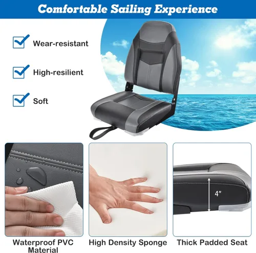 Vista 4 de GYMAX Asientos de barco plegables con respaldo bajo/alto con tornillo de acero inoxidable incluido, sillas plegables de capitán de barco para pesca