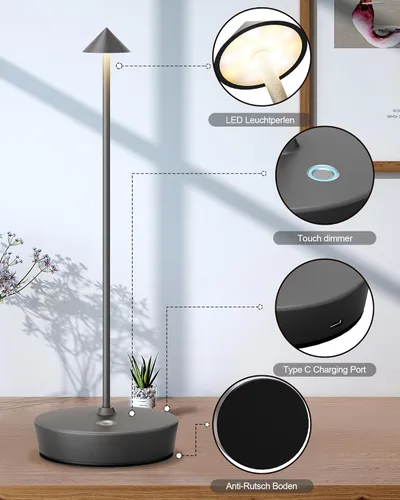 Vista 6 de Lámparas de mesa inalámbricas recargables, 6000 mAh, funciona con pilas, lámpara de escritorio LED para exteriores, impermeable, portátil, táctil