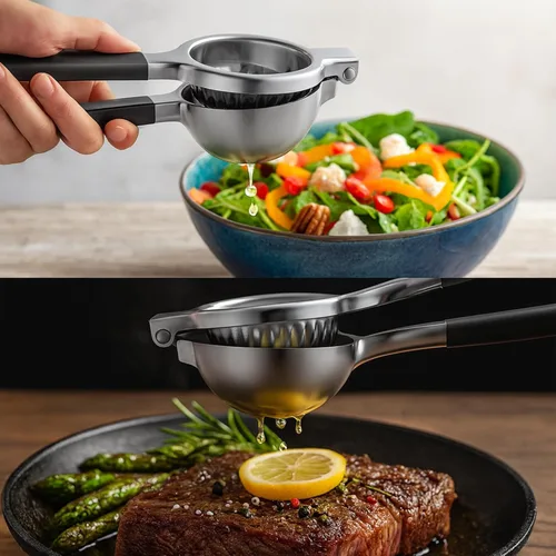 Vista 7 de Exprimidor de limón, exprimidor de limón de acero inoxidable y exprimidor de lima, exprimidor manual de cítricos con asas de silicona