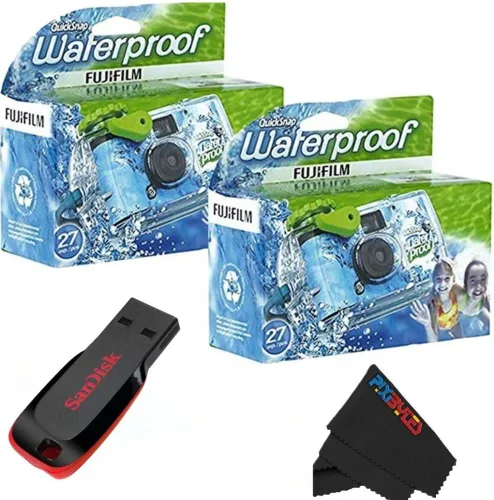 Fujifilm QuickSnap Impermeable 35mm Cámara de Un Solo Uso con Unidad Flash USB Sandisk de 32 GB y Paño de Limpieza de Microfibra PixiBytes... (2