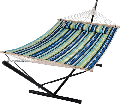 Vista 26 de SUNCREAT Hamaca para dos personas con soporte, capacidad de 475 libras, hamaca portátil para patio con barra separadora de madera dura, almohada