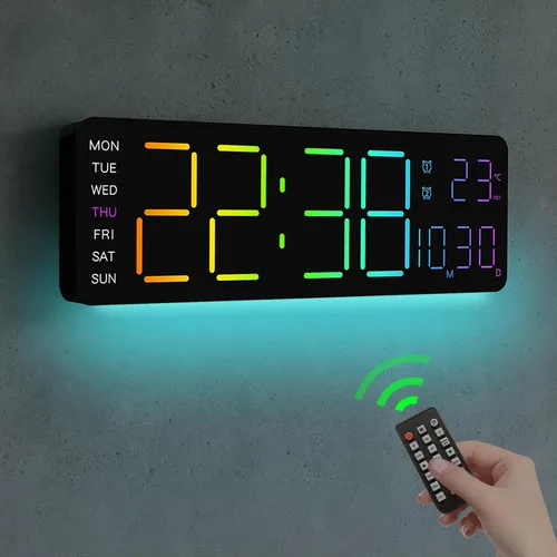 JoFomp Reloj digital LED con pantalla grande con control remoto a color RGB, relojes de pared digitales grandes de 13 pulgadas para decoración de