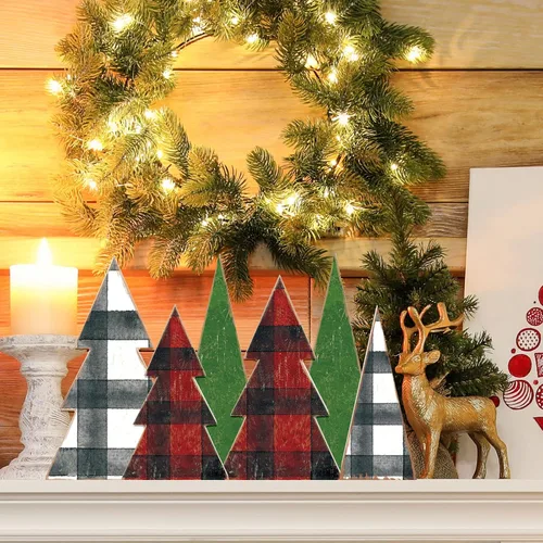 Vista 6 de Whaline 6 letreros de madera retro de árbol de Navidad, decoración de bandeja escalonada de Navidad, letrero de madera a cuadros de Navidad