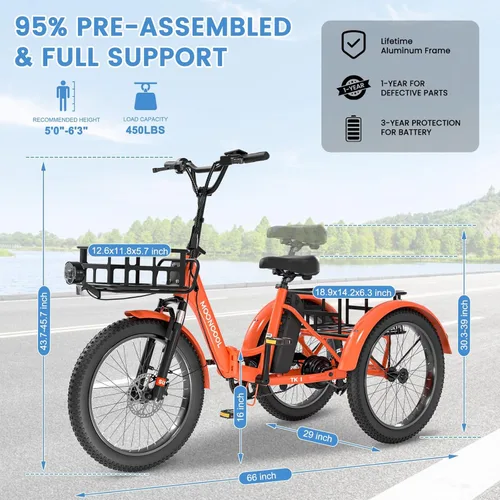 Vista 6 de MOONCOOL Foldable Electric Tricycle for Adults, 20" Aluminum Etrike Fat Tire, Peak 1000W 48V 15Ah Rear Differential, Front Suspension, 15.5MPH