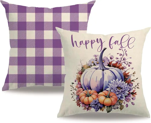 Vista 17 de Fundas de almohada decorativas de otoño, diseño de calabaza y búfalo de otoño a cuadros de 18 x 18 pulgadas, paquete de 2 fundas de almohada