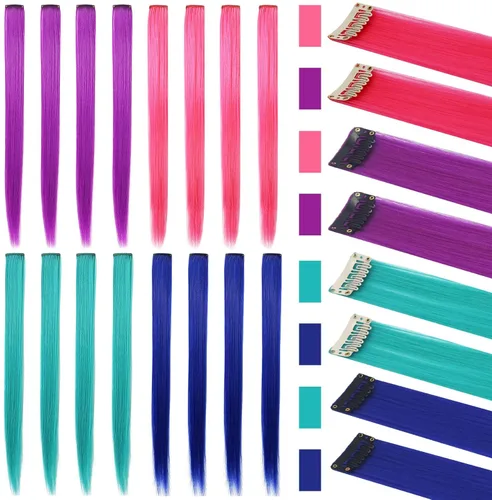 Vista 2 de 16 extensiones de cabello sintético multicolor de 21 pulgadas con clip para fiesta, accesorios para el cabello para niñas