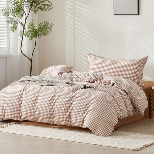 Vista 543 de SAPHREAS Juego de funda de edredón de algodón, tamaño King, a cuadros color gris oscuro y gris, geométrico, 3 piezas, 1 funda de edredón y 2 fundas