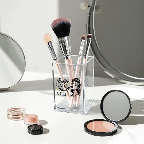 Vista 3 de Mejor Tarde Que Nunca Organizador de Brochas de Maquillaje de Acrílico, Almacenamiento de Brochas de Acrílico de Escritorio con Afirmaciones