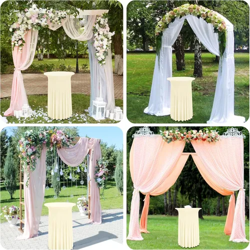 Vista 7 de Paquete de 4 manteles redondos para mesa de cóctel, de 32 x 43 pulgadas, de elastano, con cortinas onduladas, color beige, para mesa de boda, bar