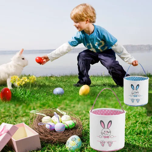 Vista 6 de Bolsas de cesta de conejo de Pascua para niños, bolsas personalizadas para caza de huevos de huevos de conejo, cubos con estampado de conejo
