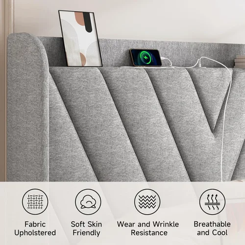Vista 48 de koorlian Base de cama Queen con cabecero, base de cama tapizada ajustable con puertos tipo C y USB, cabecera de almacenamiento con respaldo de ala