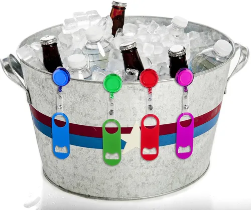 Vista 7 de Honoson Abrebotellas retráctil de bartender, 8 piezas, abridor de cerveza plano con clips redondos para carrete de insignia, soporte para cocina