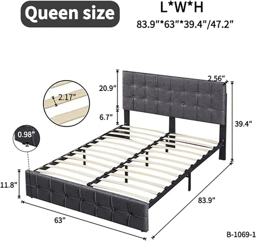 Vista 2 de Anwick Moderna cama de plataforma tapizada con cabecera ajustable, marco de cama tamaño King, marco de cama de tela tecnológica con botones