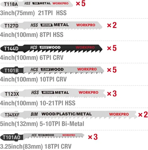 Vista 2 de WORKPRO Juego de 25 hojas de sierra de calar con vástago en T + sierra de calar WORKPRO de 6.5AMP 850W con cable, kit de herramientas de sierra
