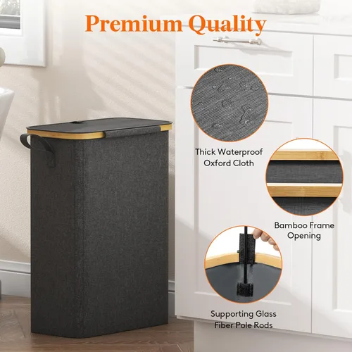 Vista 7 de Lifewit Cesta de lavandería delgada de 50 litros con tapa, cesta estrecha para la ropa sucia con bolsa extraíble y asas de bambú, canasta plegable