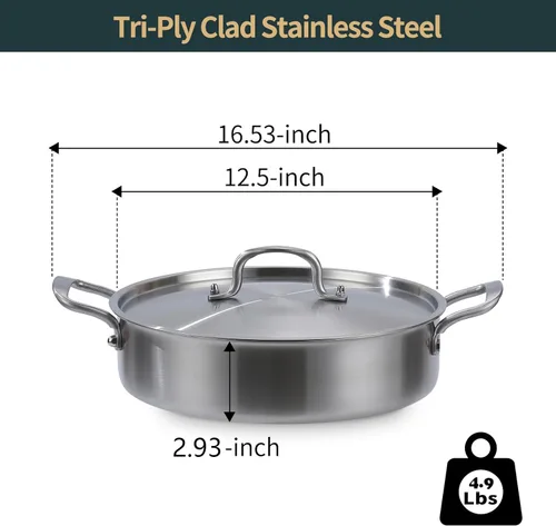 Vista 3 de Yeksum Sartén para saltear con tapa, sartén de acero inoxidable de tres capas de 5 cuartos de galón, sartén profunda de 12 pulgadas con tapa, sartén