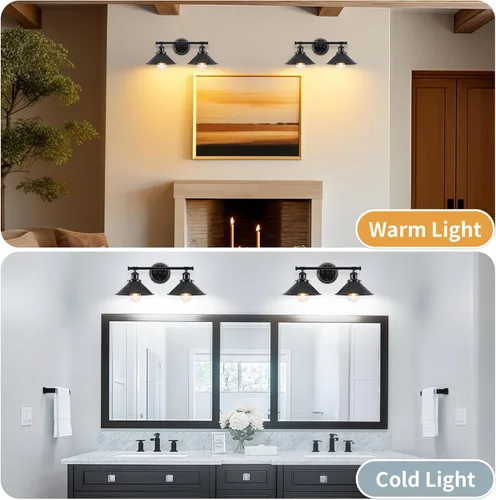Vista 10 de Lámparas de baño, 2 luces, color negro mate, luces de tocador para baño, lámpara de tocador industrial rústica de 20 pulgadas, aplique de pared
