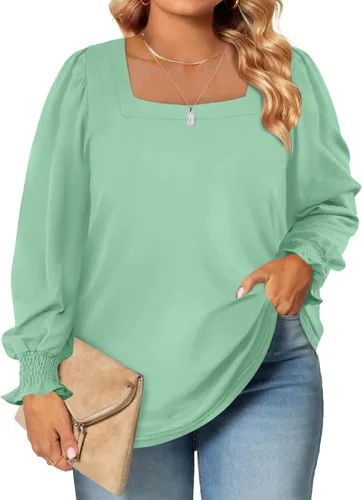 Eytino Camisetas de talla grande para mujer, estilo casual, cuello cuadrado, manga abombada, ajuste holgado (1X-5X)