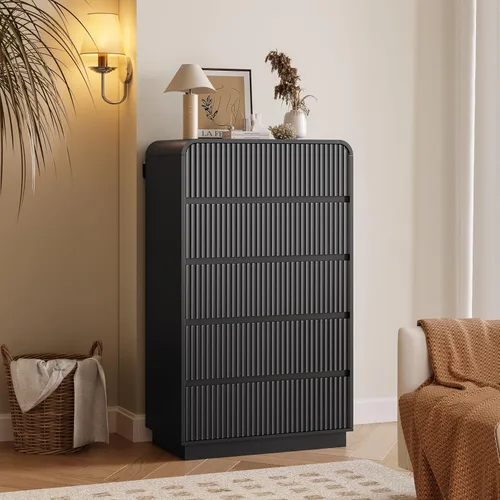 BORNOON Cómoda alta para dormitorio con 5 cajones, cómoda acanalada con esquina redonda curva, asas ocultas, organizador de almacenamiento de madera