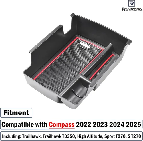 Vista 3 de RUNROAD Bandeja organizadora de consola central compatible con Jeep Compass 2022 2023 2024 2025, soporte para monedas, bandeja para reposabrazos