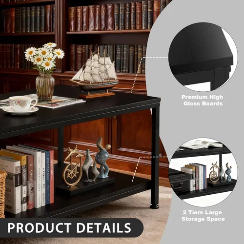 Vista 5 de SUPER DEAL - Mesa de café industrial de 2 niveles con estante de almacenamiento para apartamento pequeño, sala de estar, mesa auxiliar rectangular