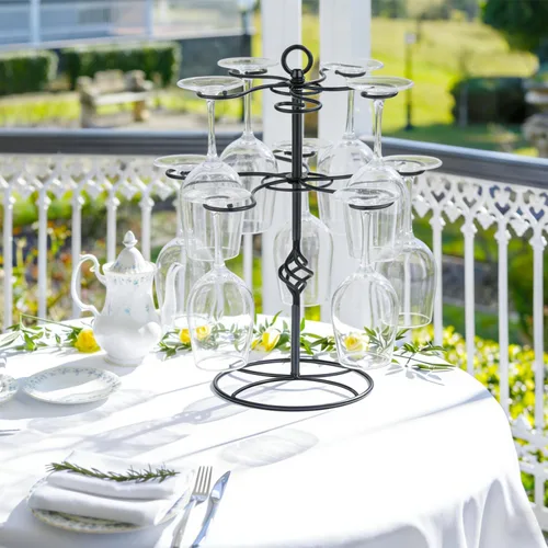 Vista 3 de QPIX DIGITAL Estante para copas de vino de 2 niveles y 10 soportes para copas de vino, soporte de torre de champán negro, soporte de mesa